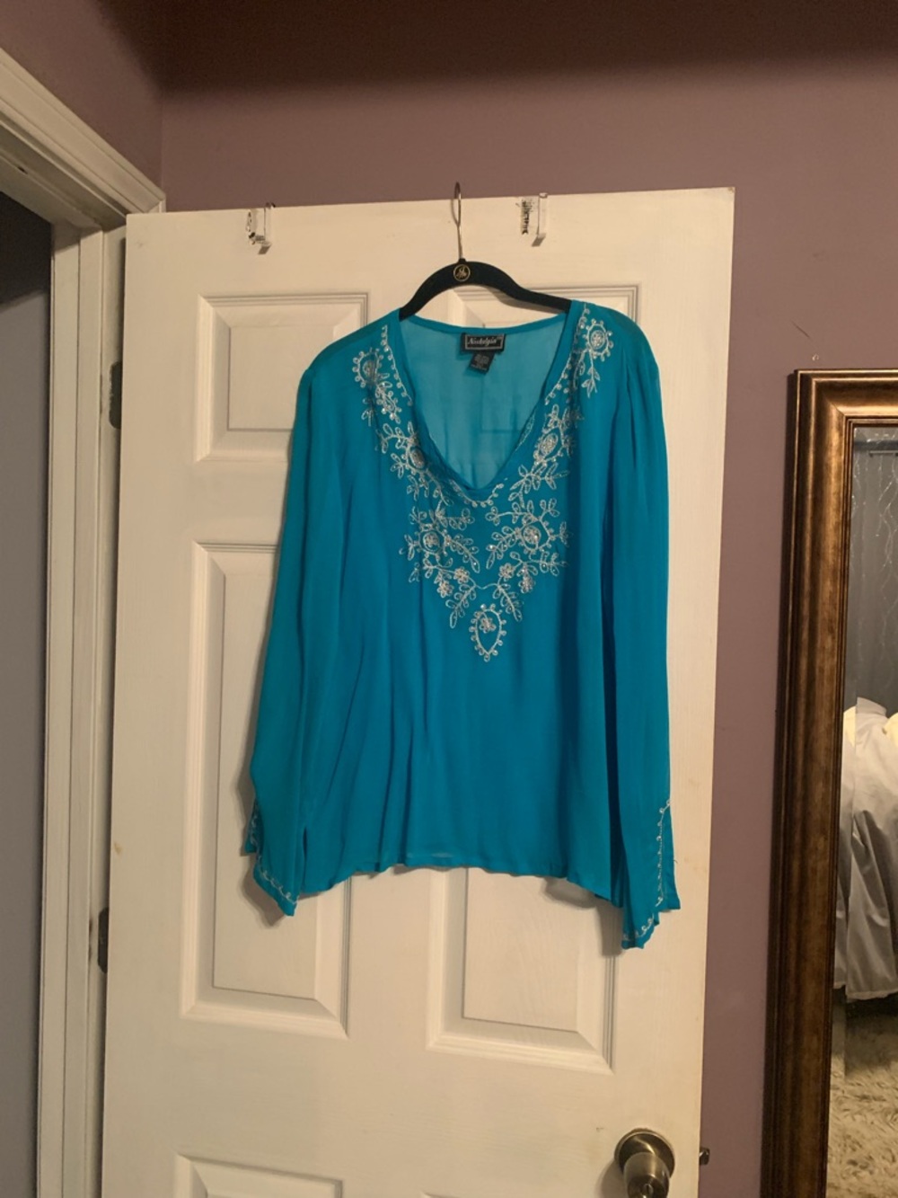 Nostalgia Turquoise Embroidered V-Neck Tunic Top